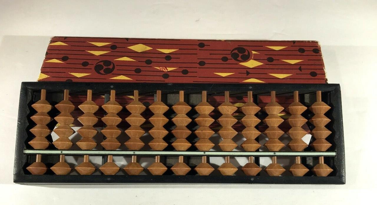 Vintage Small Pocket Abacus w Original Mod Style Box 13 rods, 65 Beads Japan