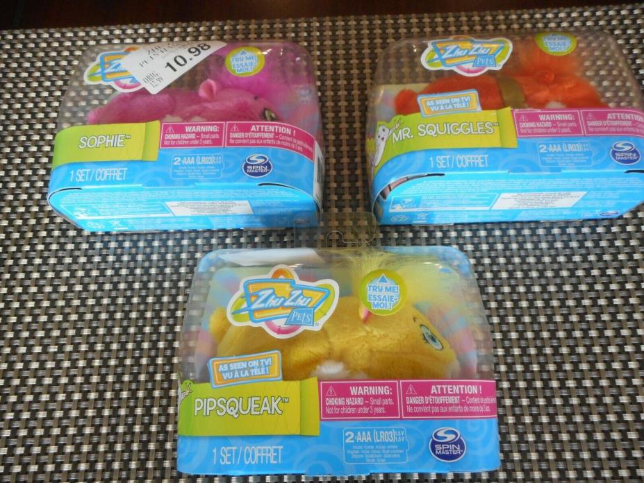 Lot of 3 Zhu Zhu Pets Hamsters, New  in Box.  Mr Squiggles, Sophie, & Pipsqueak
