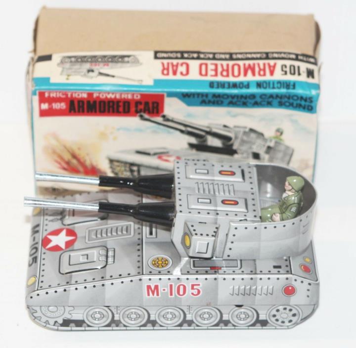 Vintage M-105 Armored Car Friction Powered Tank M.I Toy Made in Japan - NM w/Box