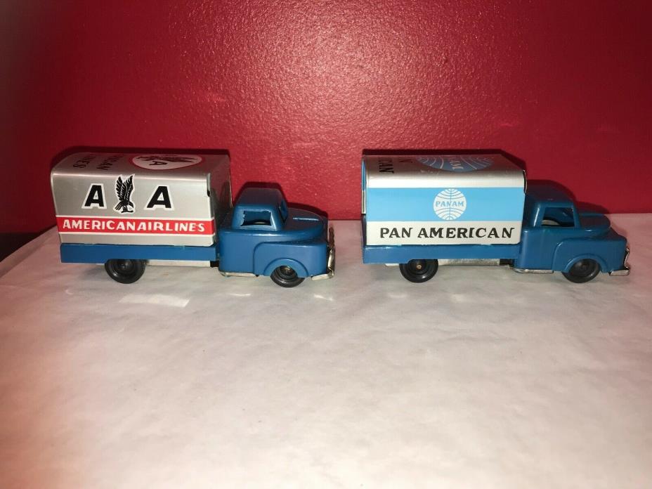 2 Rare 1950's Japan Tin Friction Litho Pan American Airlines Trucks Vintage Toy