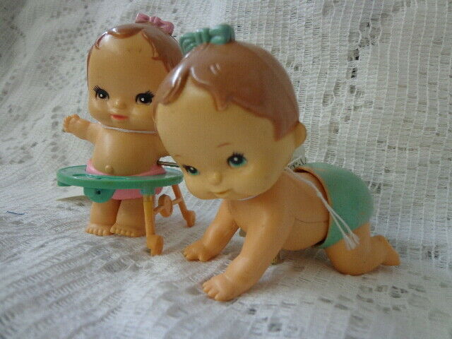 2 Genuine Tomy Vintage 1977 Crawling Baby & Baby w/walker Wind-Up Toys WORK!