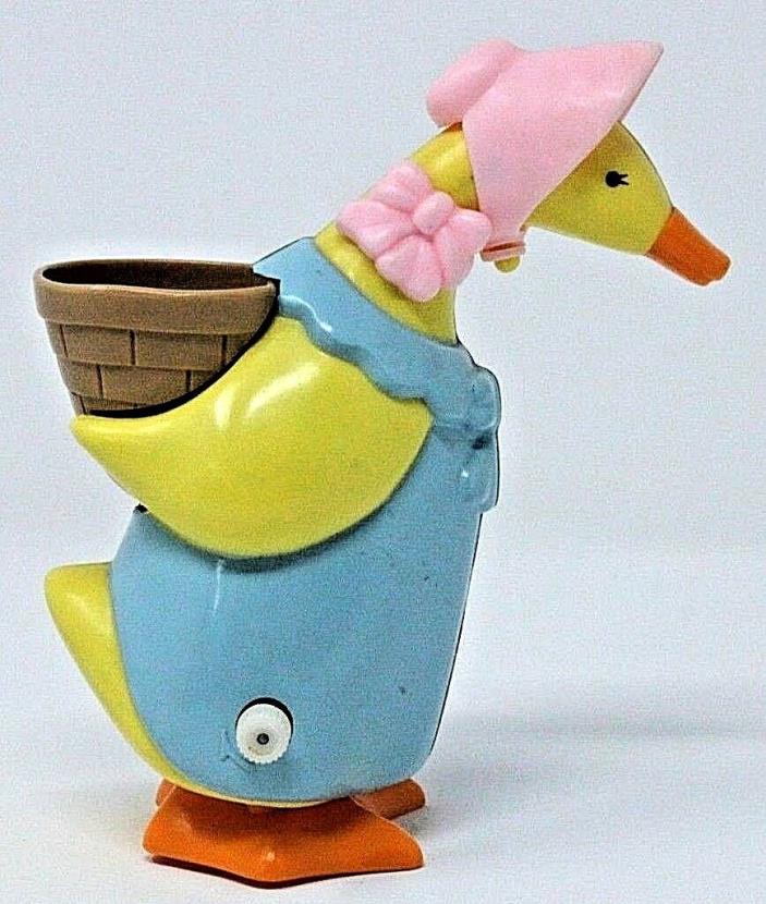 VINTAGE Tomy TAIWAN Plastic Windup Duck with Pink Bonnet & Basket, EASTER As Is