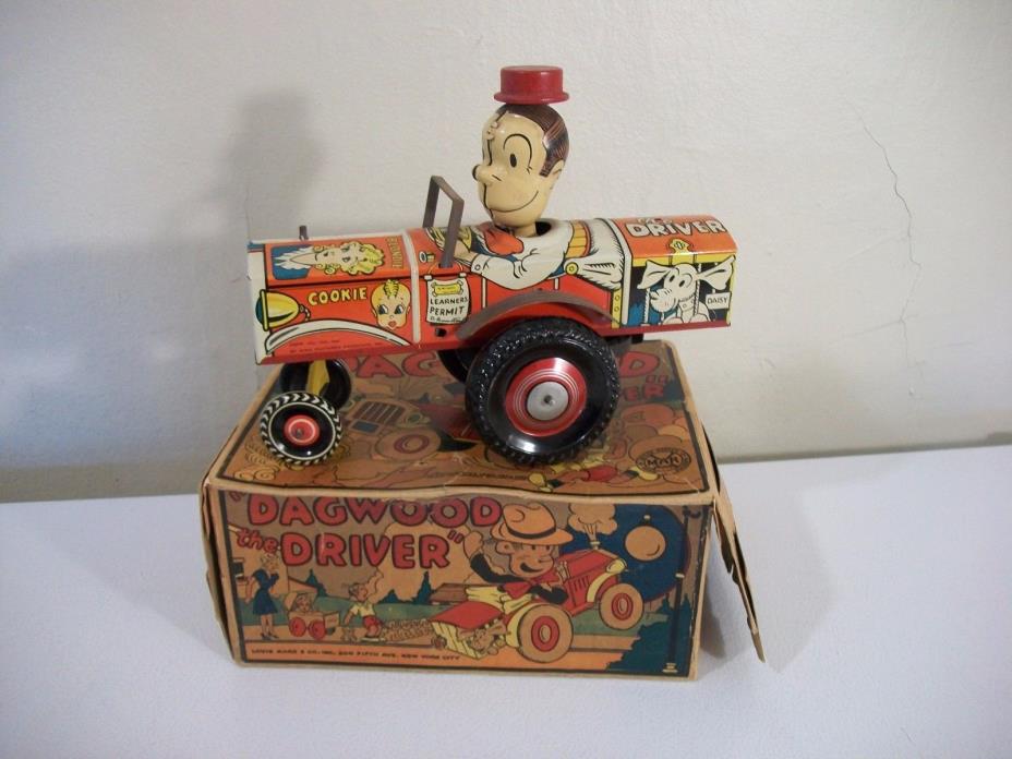 Vintage Marx 'Dagwood The Driver' Tin Windup Crazy Car With Original Box