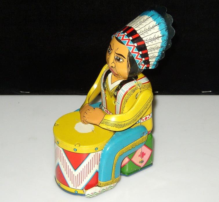 SUPER RARE WIND-UP LINEMAR TOYS MECHANICAL INDIAN CHIEF DRUMMER MARX JAPAN 6.5