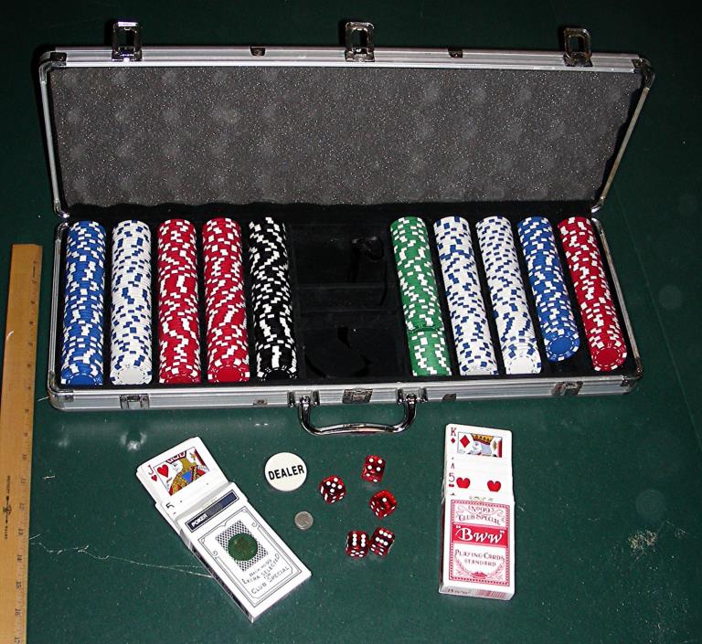 Poker game with 500 chips 5 dice 2 card decks aluminum storage case ready2play