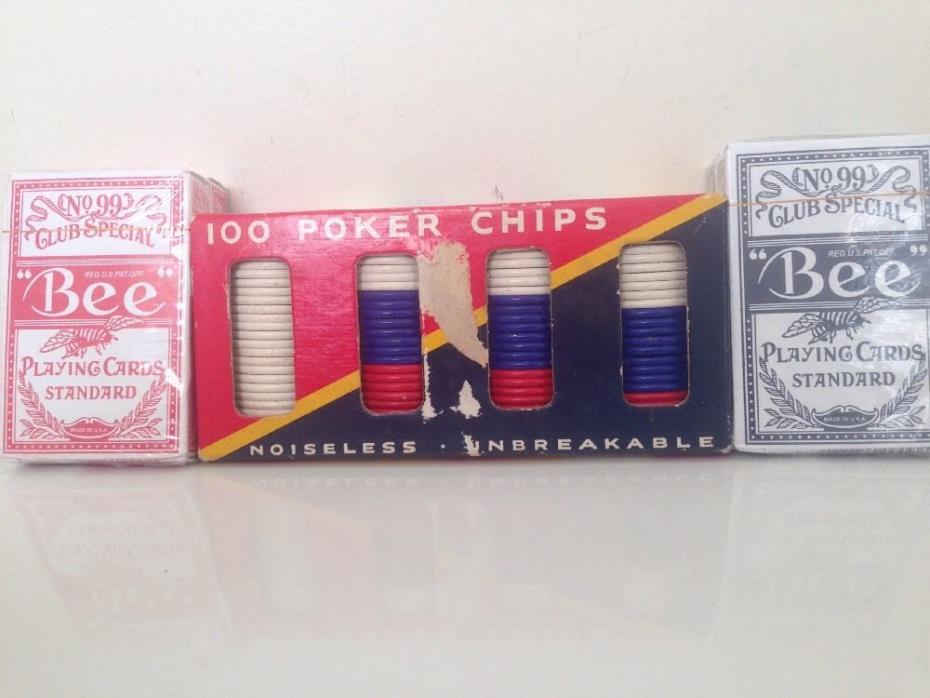 Vintage No.99 Club Special BEE Playing Cards Poker Chips Lot Card Game Set