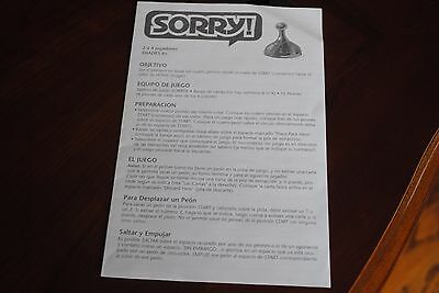 2003 Hasbro SORRY! Instructions in Spanish Espanol Instrucciones Lo Siento!