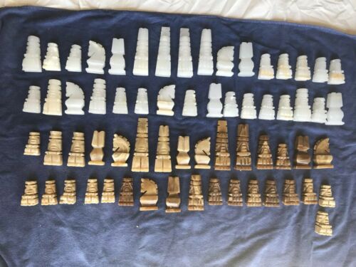 Vintage Heavy Chess Set Marble Carved 64 Piece Lot