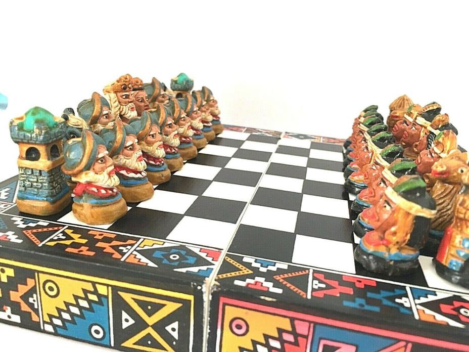 Handmade Wooden Chess Game Handpainted Spanish Soldiers Vs Indians Peruvian