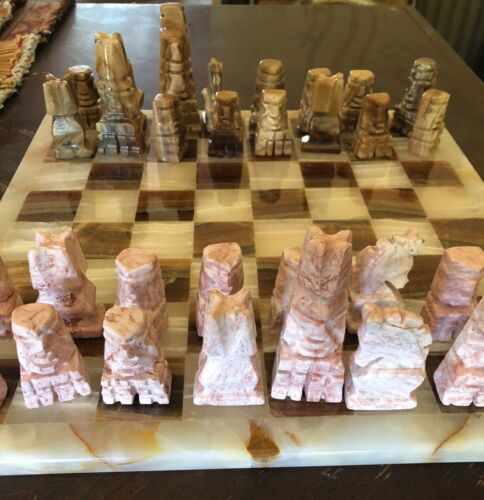 Marble Chess Set Pieces And Board Vintage Mexican Complete