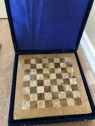 Vintage Marble Stone Chess Board Set With Blue Velvet Case Size: 12” By 12”
