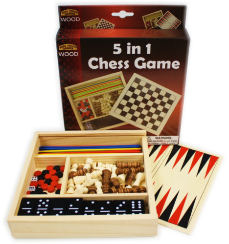 5-in-1 Wooden Board Game Set Chess Checkers Dominoes Pick Up Sticks Backgammon