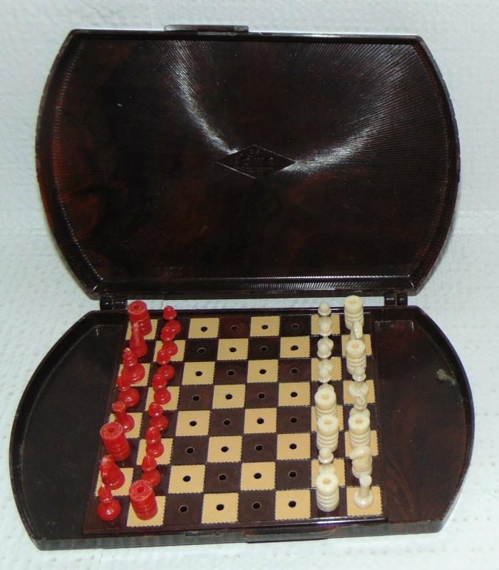 Vintage 1945 Art Deco E S Lowe Mini Travel Chess Set Made in USA
