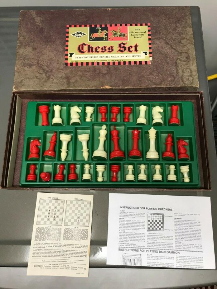 vintage Lowe chess plastic red / white pieces + box but NO BOARD comes with it