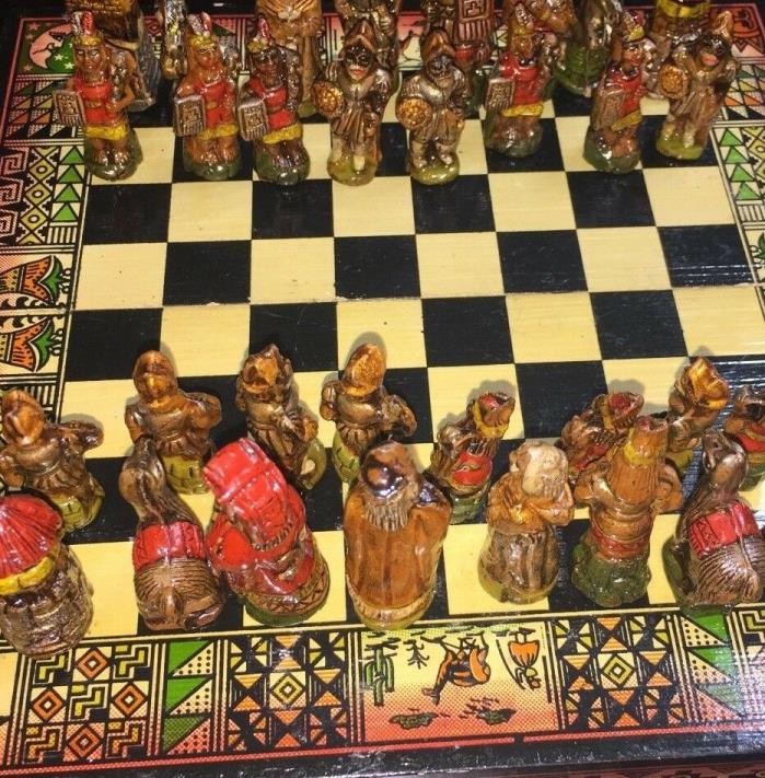 Unique Chess Box with board Arabian Pieces Indians Camels Small Rare History