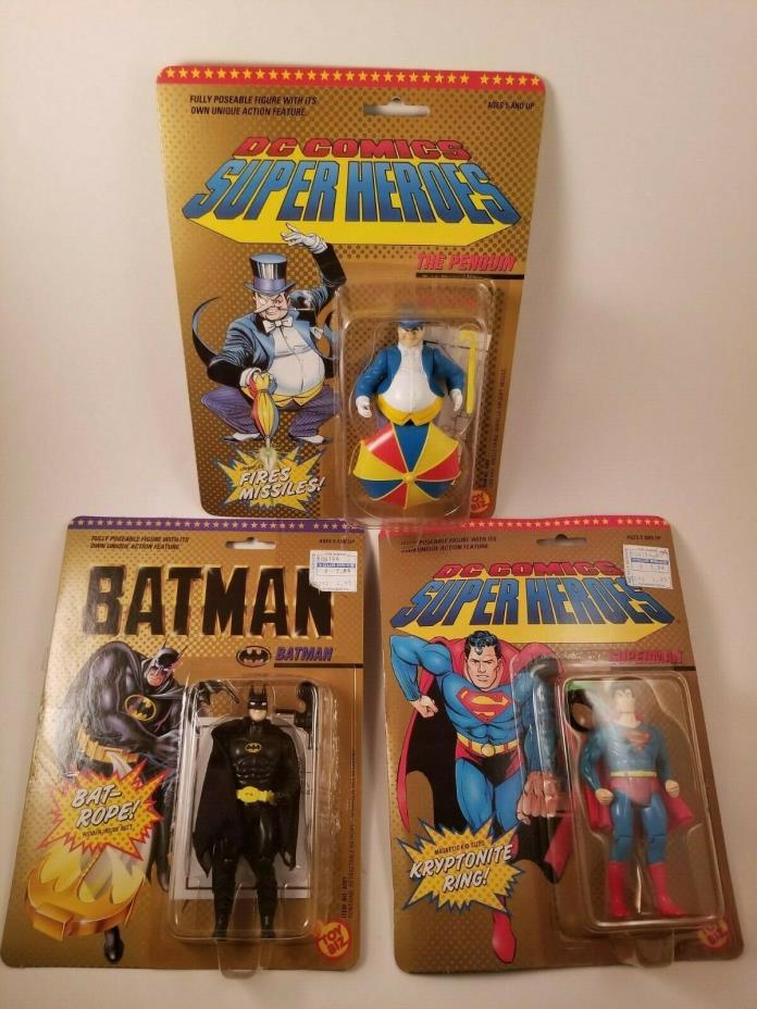 Rare Lot of 3 Sealed '89 Toy Biz DC Comics SUPER-HERO, Superman Batman & Penguin