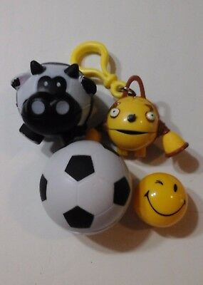 ROUND THINGS TOYS Lot Of 4 Spherical Figures AND BALLS Soccer COW Emoji KEYCHAIN