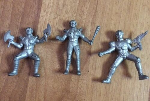 3 Vintage Medieval Rubber Army Men Action Figures Silver Collectable