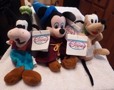 Disney Store Set of 3 Pluto, Goofy, & Sorcerer Mickey Plush Mini Bean Bag NWT