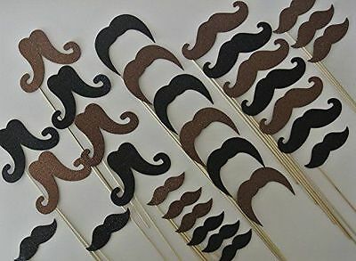 30 Pc Mustache on a Stick Photo Booth Props Black and Brown Glitter Foamy Bash