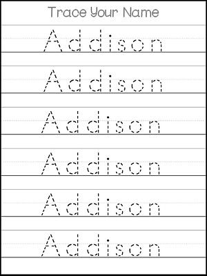 Three Custom First Name Tracing Dry Erase Worksheets. Trace the Name Addison. Le