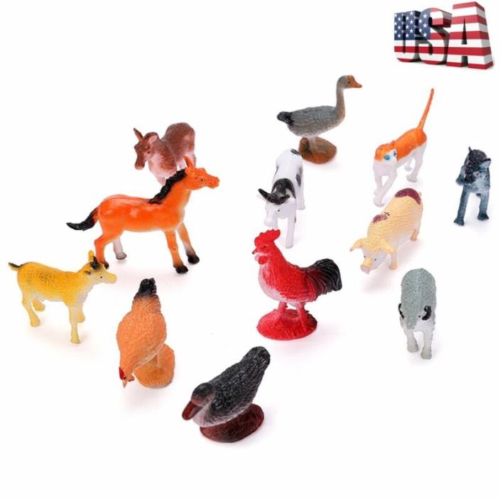 12Pcs Plastic Wild Farm Yard Animals Model Toys Set Pig Cow Horse Dog Kids Gifts