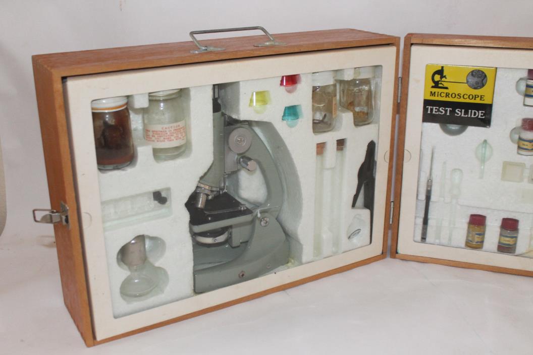 vintage microscope kit and original wooden box scientific accessories