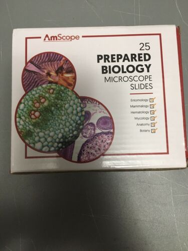 AmScope PS25W 25 Prepared Biology Microscope Slides w/Wooden Box