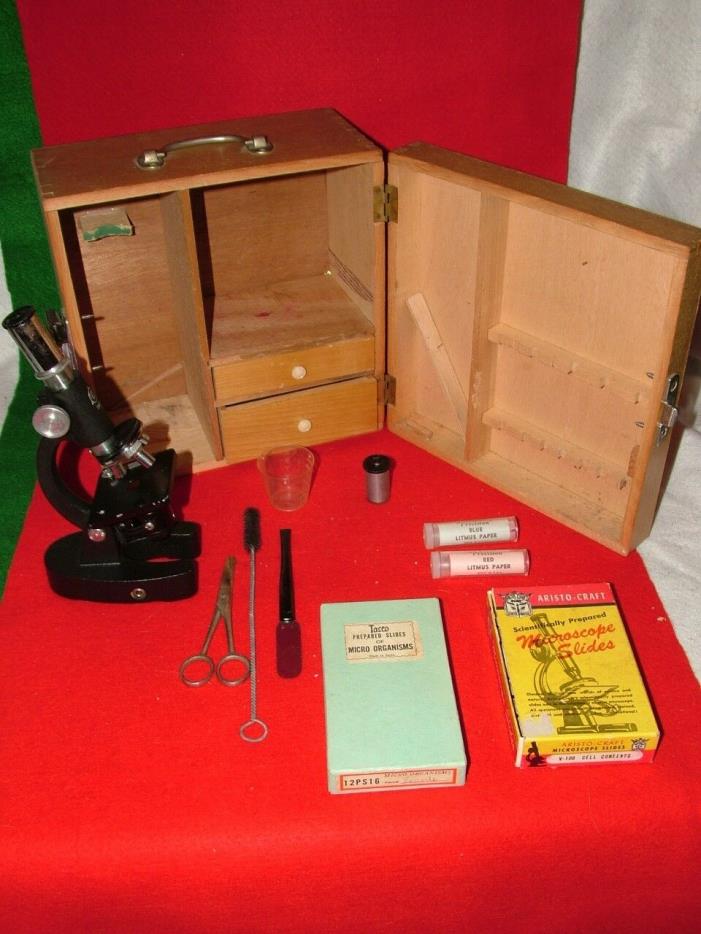 Vintage HOC 750X Microscope with Wooden box and Extras