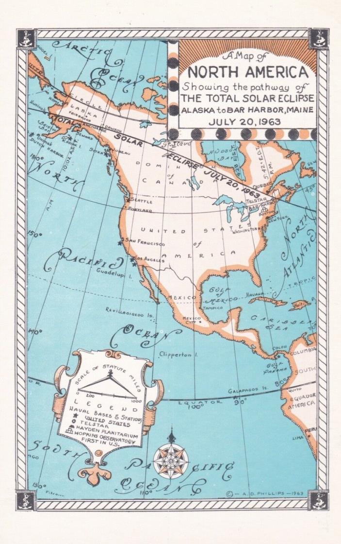 TOTAL SOLAR ECLIPSE Map of North America Alaska to Maine Postcard Vtg 1963 E232