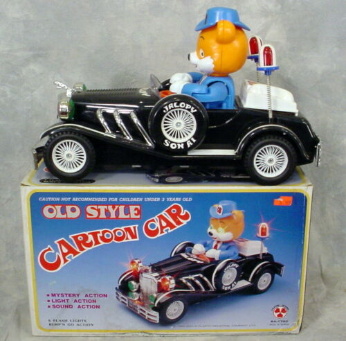 VINTAGE OLD STYLE CARTOON CAR JALOPY POLICE CAT 1980'S-SIREN WORKS IN BOX
