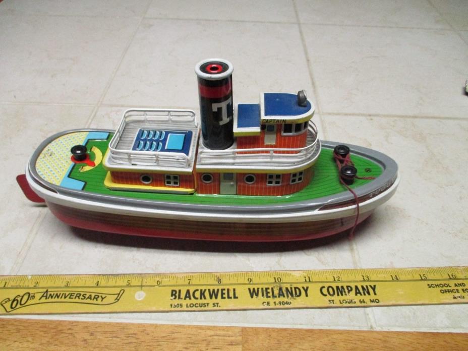 VTG Japan Tin Litho Battery Operated BO Tug Tuggy Boat New York SAN Marusan Toy