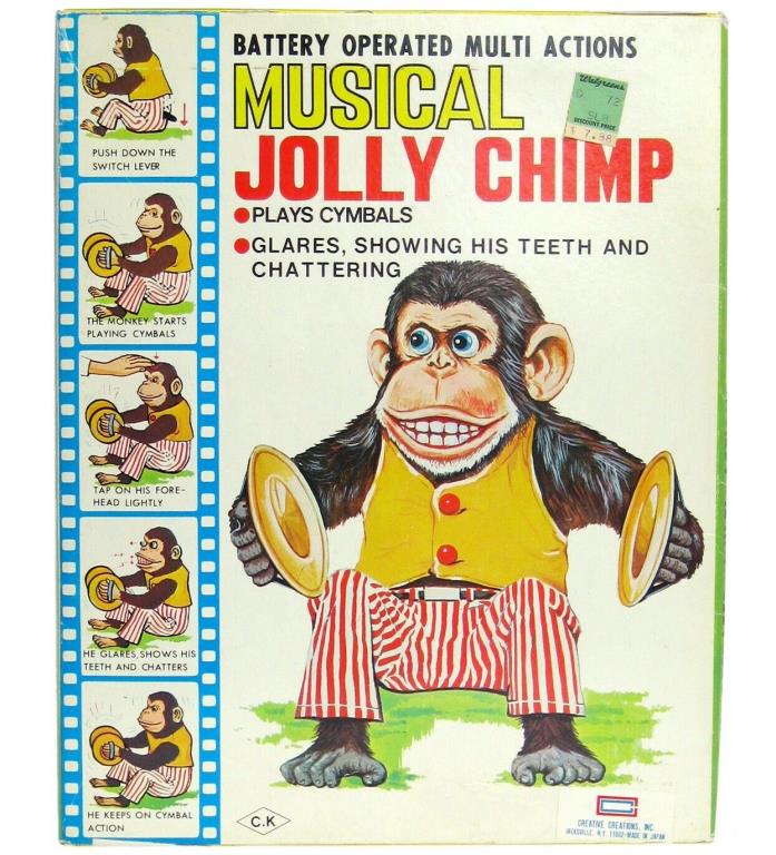 Vintage Daishin Japan Jolly Chimp Toy Story Monkey w/Box Hang Tag Inserts Works