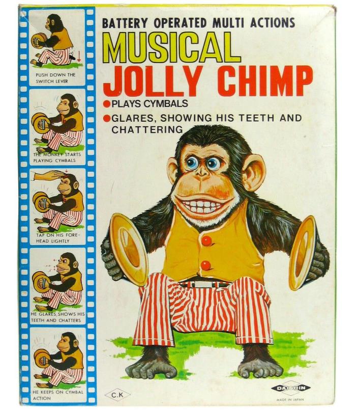 Vintage Daishin Japan Musical Jolly Chimp Toy Story Monkey w/Box & HangTag Works
