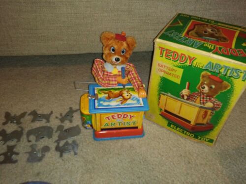Teddy the Artist w/Box © 1950's, Yonezawa Tin Toy