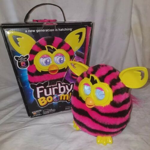 2012 Furby Boom Hasbro Pink & Black Striped W/ Yellow Accents comes With Box