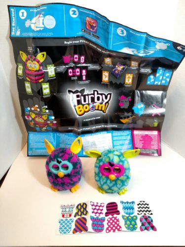 2012 Two 2 FURBY Boom Teal Blue Pink Blue Diamond Talking Interactive Pet Hasbro