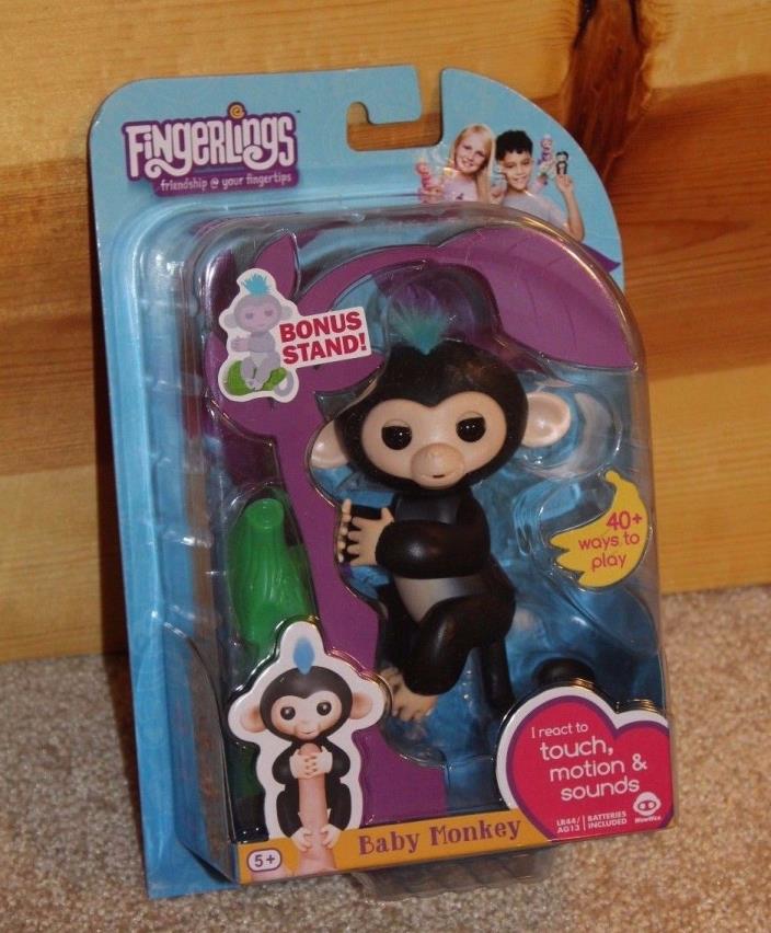 Authentic Fingerlings by WowWee BLACK FINN Baby Monkey ORIGINAL Bonus Stand