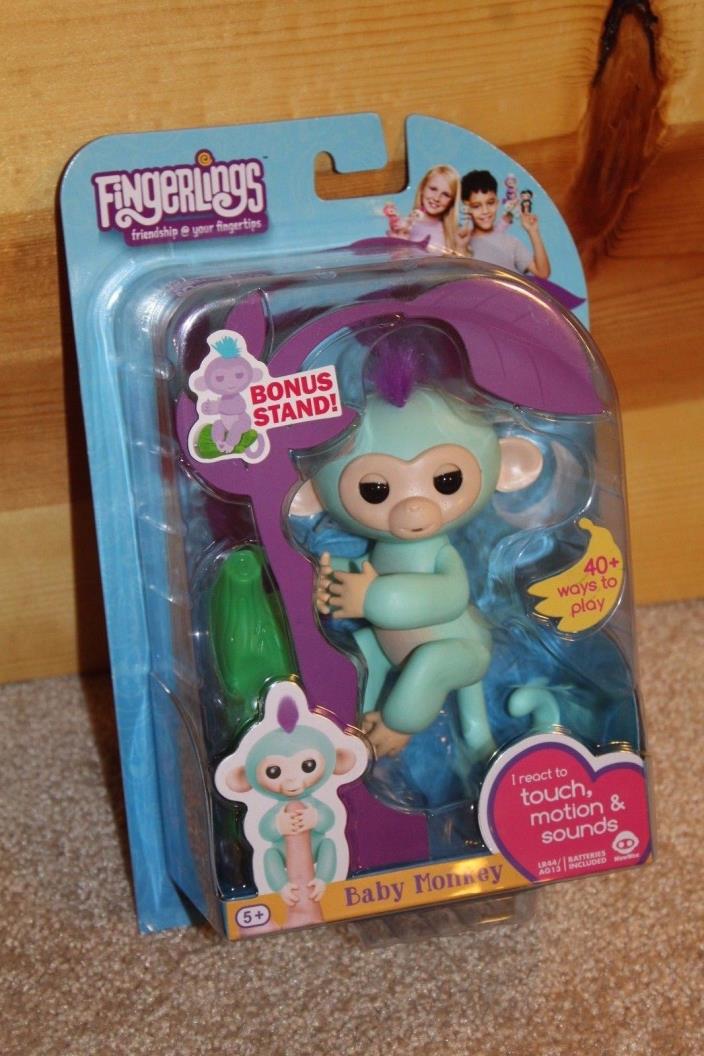 Authentic Fingerlings WowWee TURQUOISE BLUE ZOE Baby Monkey ORIGINAL Bonus Stand