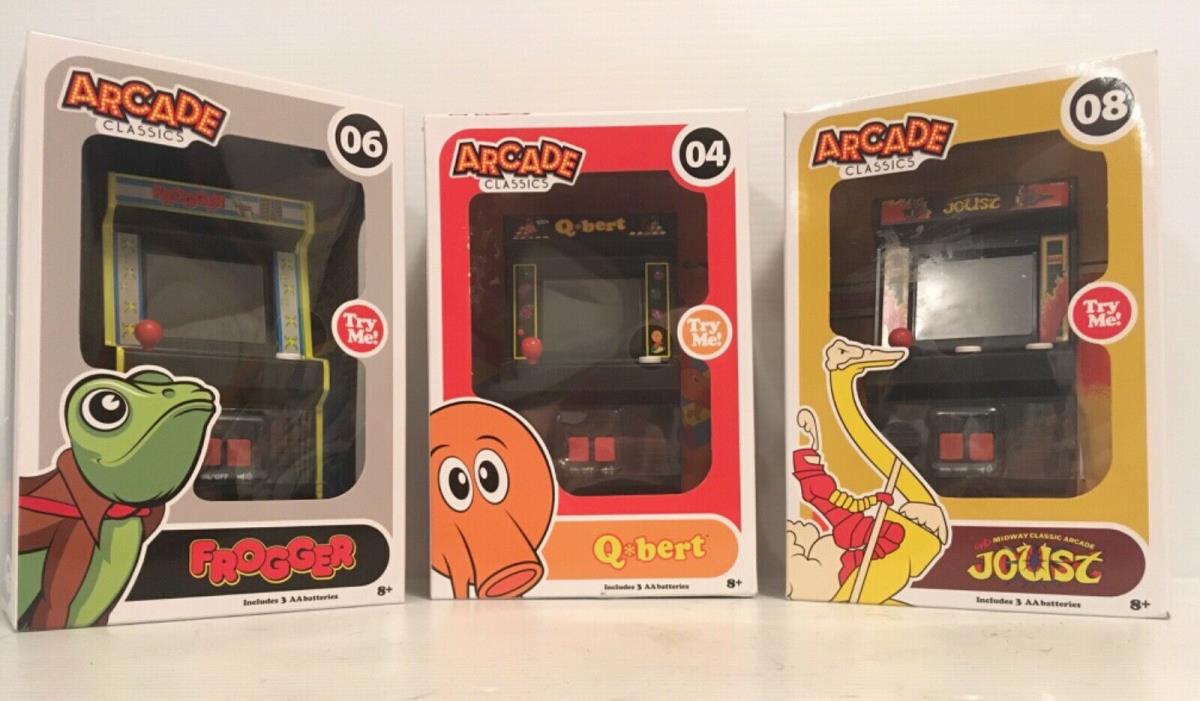 NEW Lot of 3 Arcade Classics - Frogger - Q Bert - Joust - Mini Arcade Games