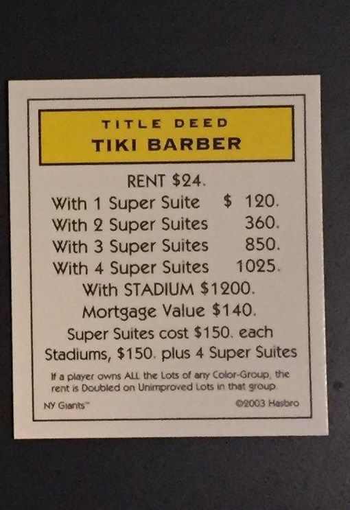 NY Giants Monopoly Tiki Barber Title Deed Card 2003 Game Replacement Free Ship