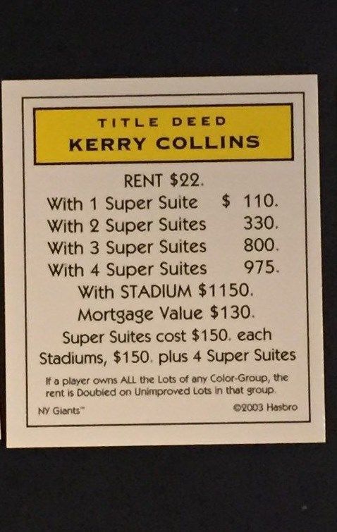 NY Giants Monopoly Kerry Collins Title Deed Card 2003 Game Replacement Free Ship