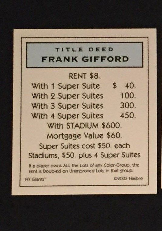 NY Giants Monopoly Frank Gifford Title Deed Card 2003 Game Replacement Free Ship