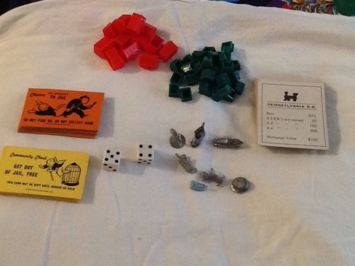 Vintage Parts From Monoply Game, Parker Brothers, Cards, Dice, Houses, Etc