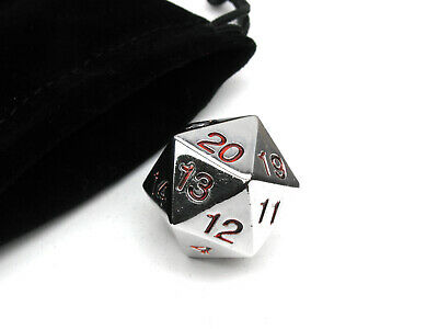 Large 22mm Zinc Metal Alloy Countdown D20 Dice w Black Bag, 1 Pc - Red Numbers