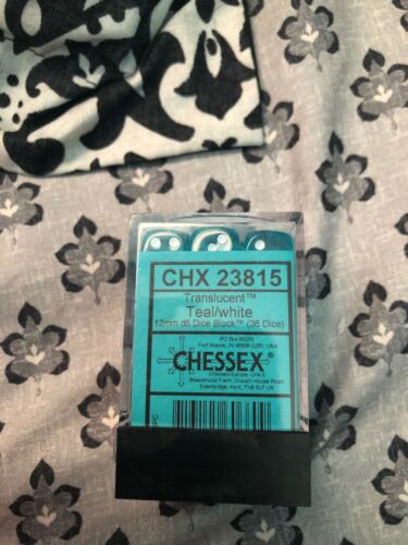 Chessex Dice Block d6 36 pcs 12mm - Translucent Teal w/ White - 23815 FREE BAG