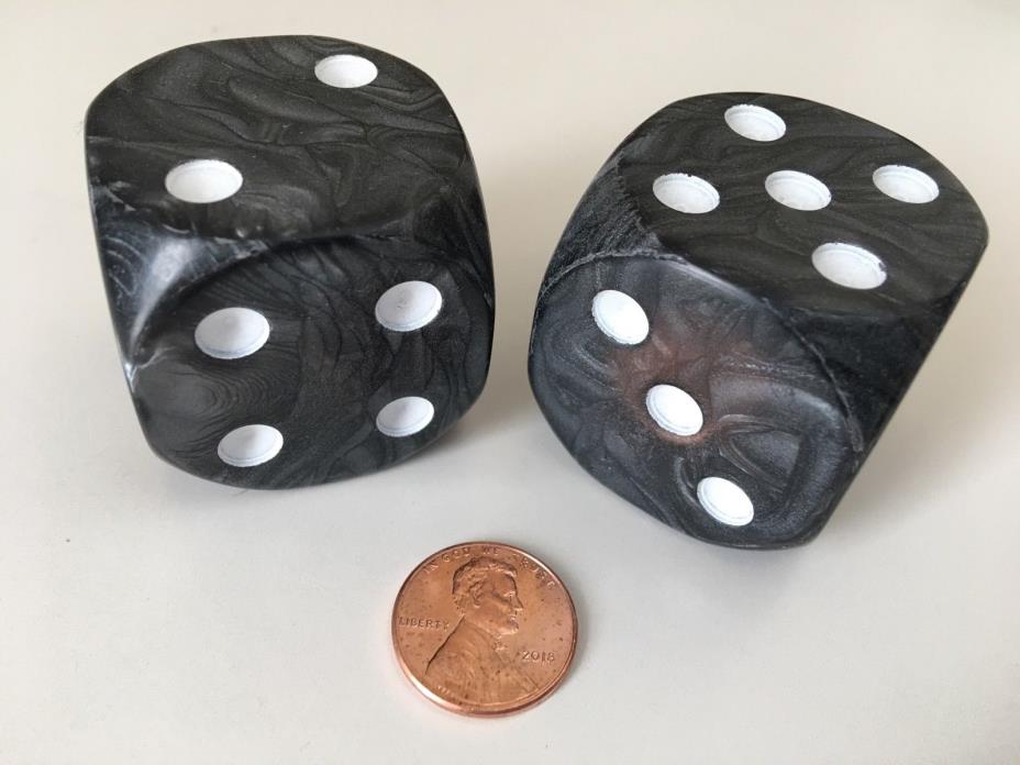 2 36mm Jumbo Large D6 Dice Black Pearl with White Pips High Quality D & D RPG