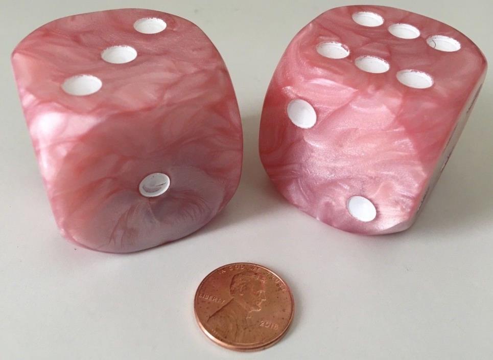 2 36mm Jumbo Large D6 Dice Pink Pearl with White Pips High Quality D & D RPG