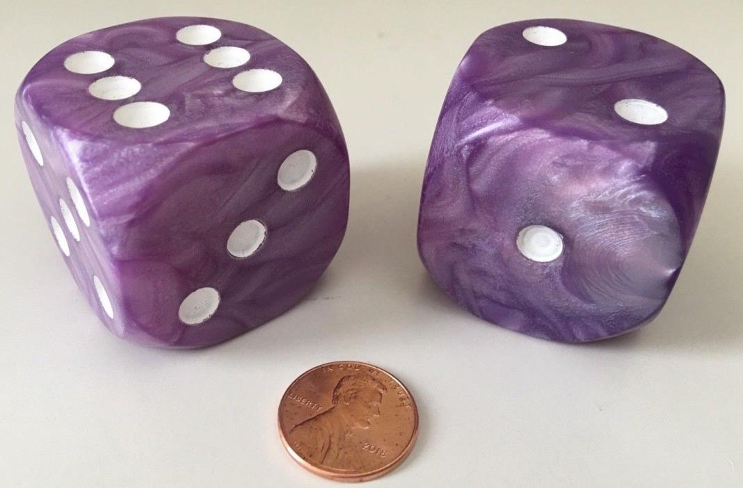 2 36mm Jumbo Large D6 Dice Purple Pearl with White Pips High Quality D & D RPG