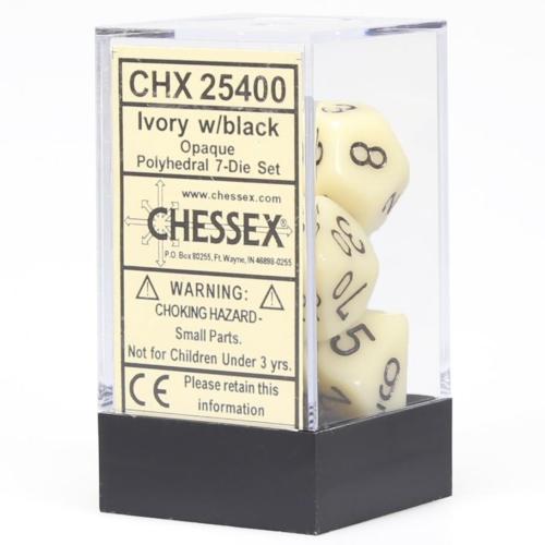 Polyhedral 7-Die Opaque Dice Set Ivory w/Black Chessex Manufacturing CHX25400
